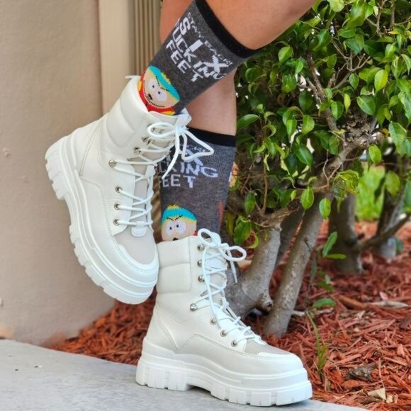 Women's White Chunky Block High Heel Ankle Combat Booties - Picture 4 of 7